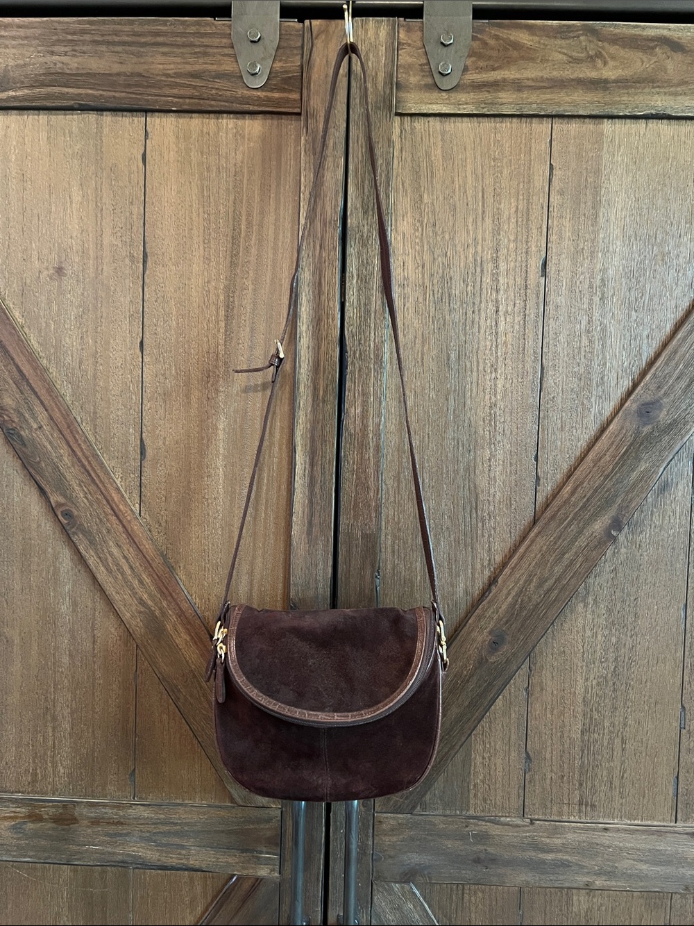 Portofino Real Suede Brown Crossbody Saddle Bag